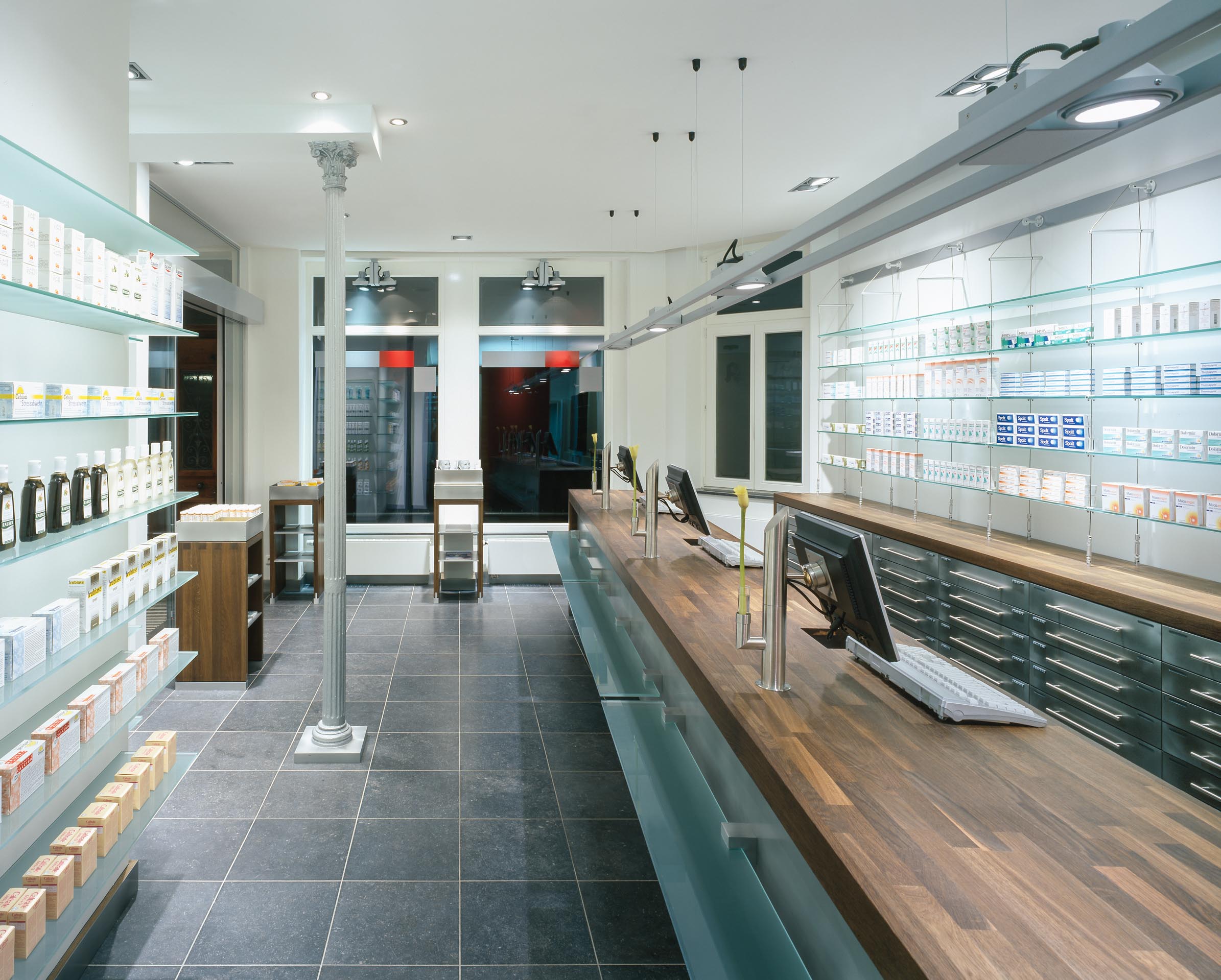 Self-service area, prescription counter and medicine display